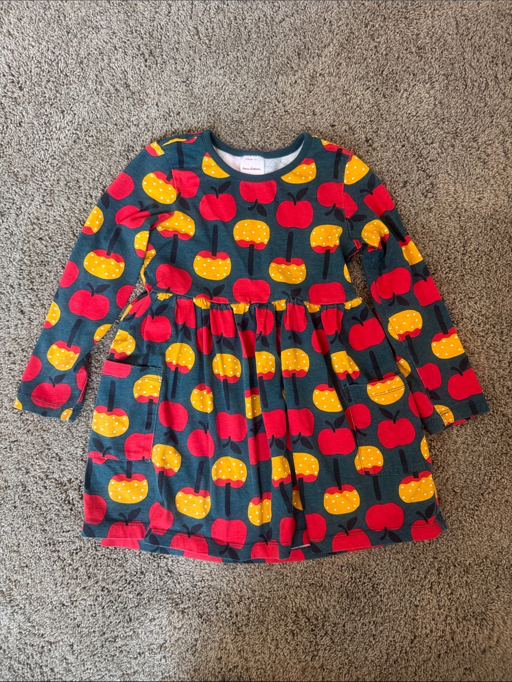 Hanna Andersson Navy Dress with Red & Yellow Apple Print